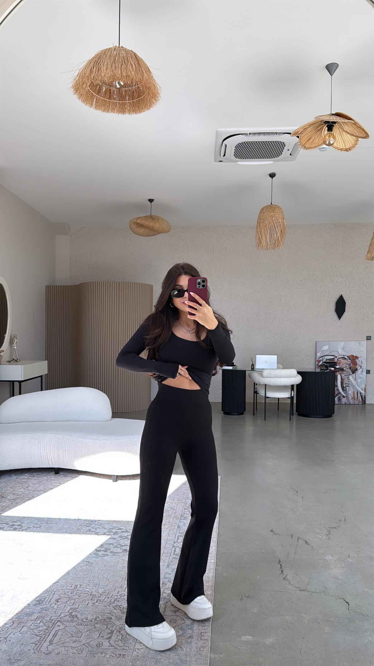 Siyah İspanyol Fit Gösteren Fitilli Tayt