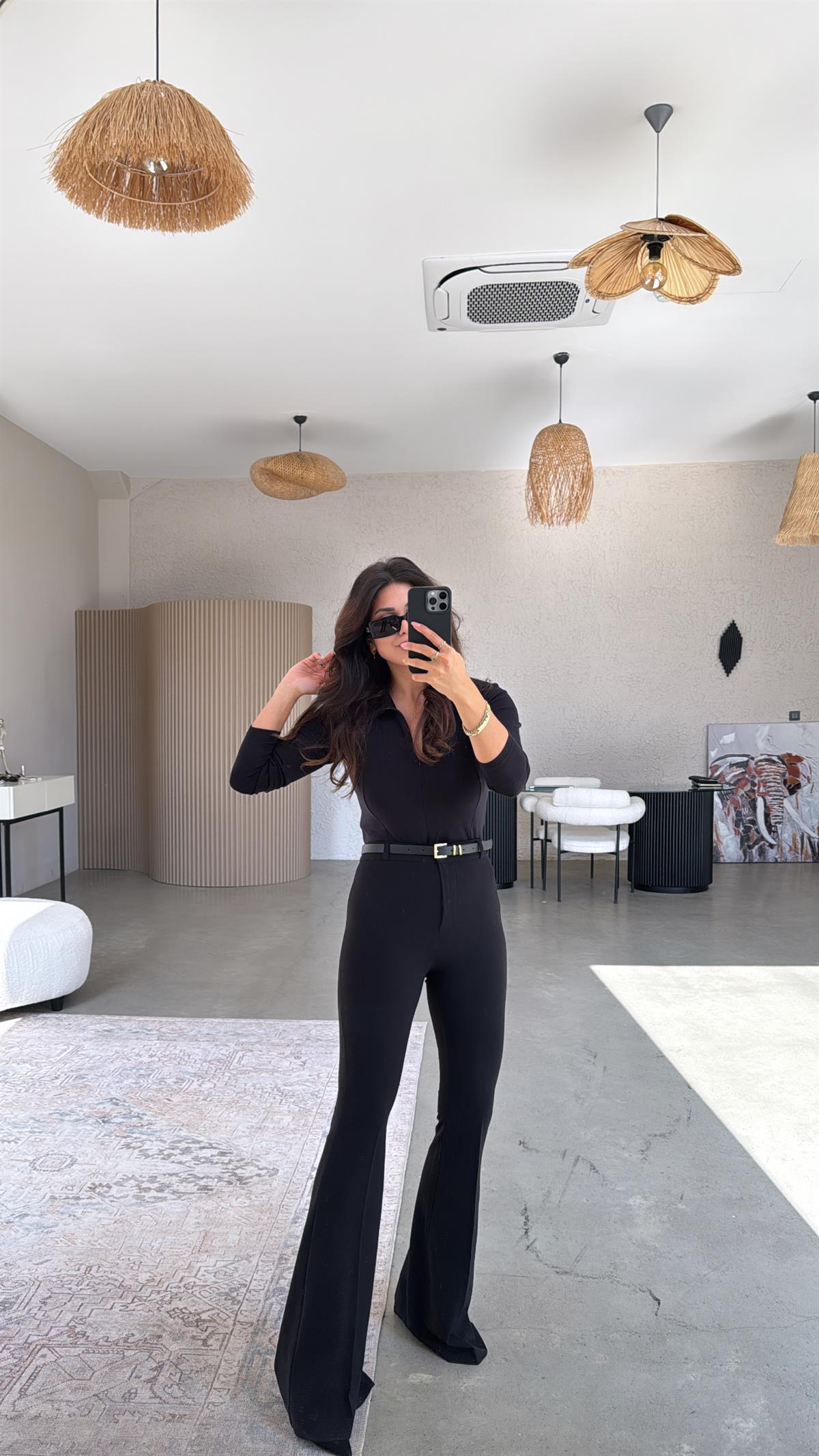 Siyah İspanyol Kemerli Pantolon