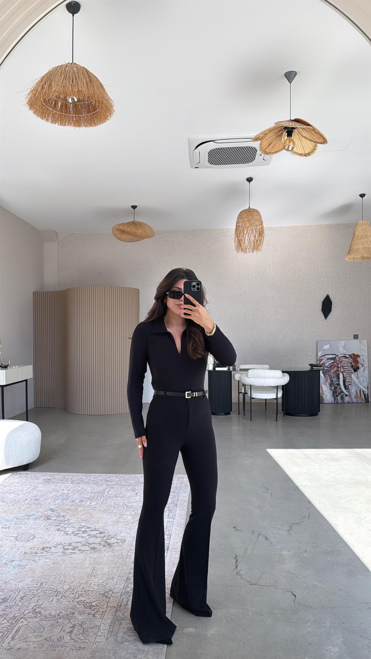 Siyah İspanyol Kemerli Pantolon