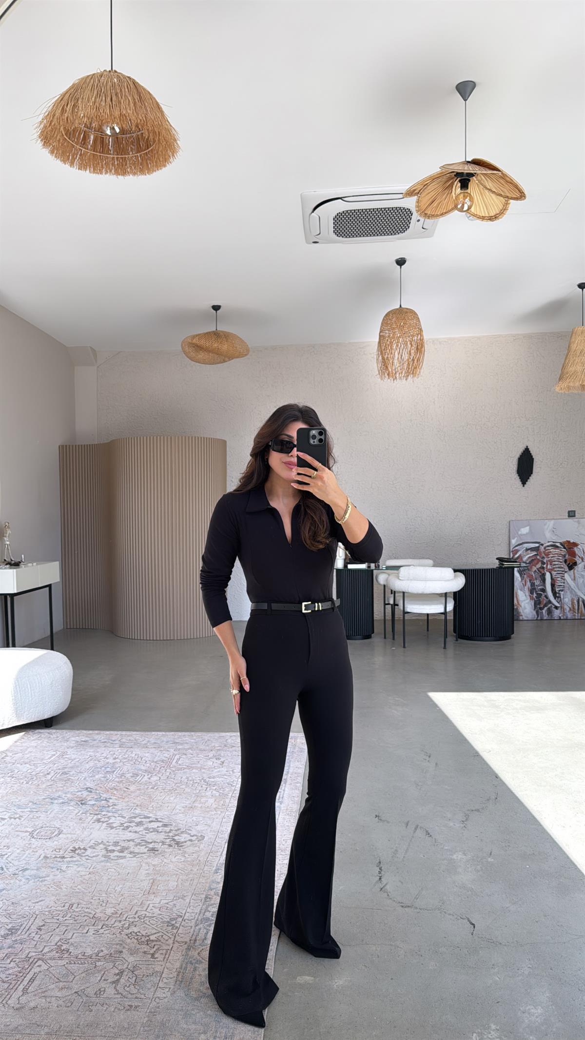 Siyah İspanyol Kemerli Pantolon