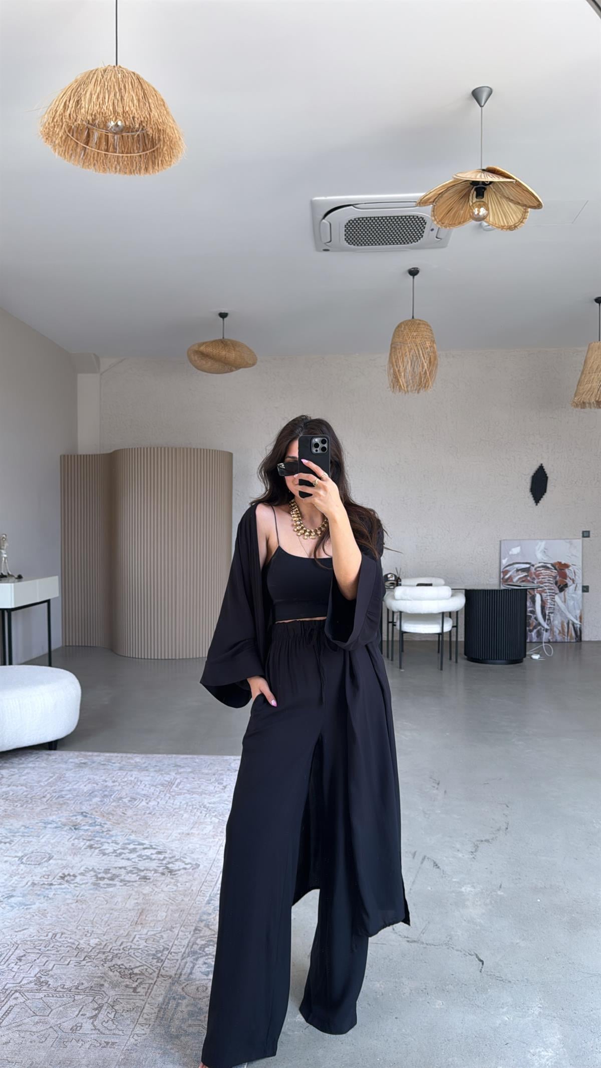 Siyah Juna Kimono Pantolon Takım