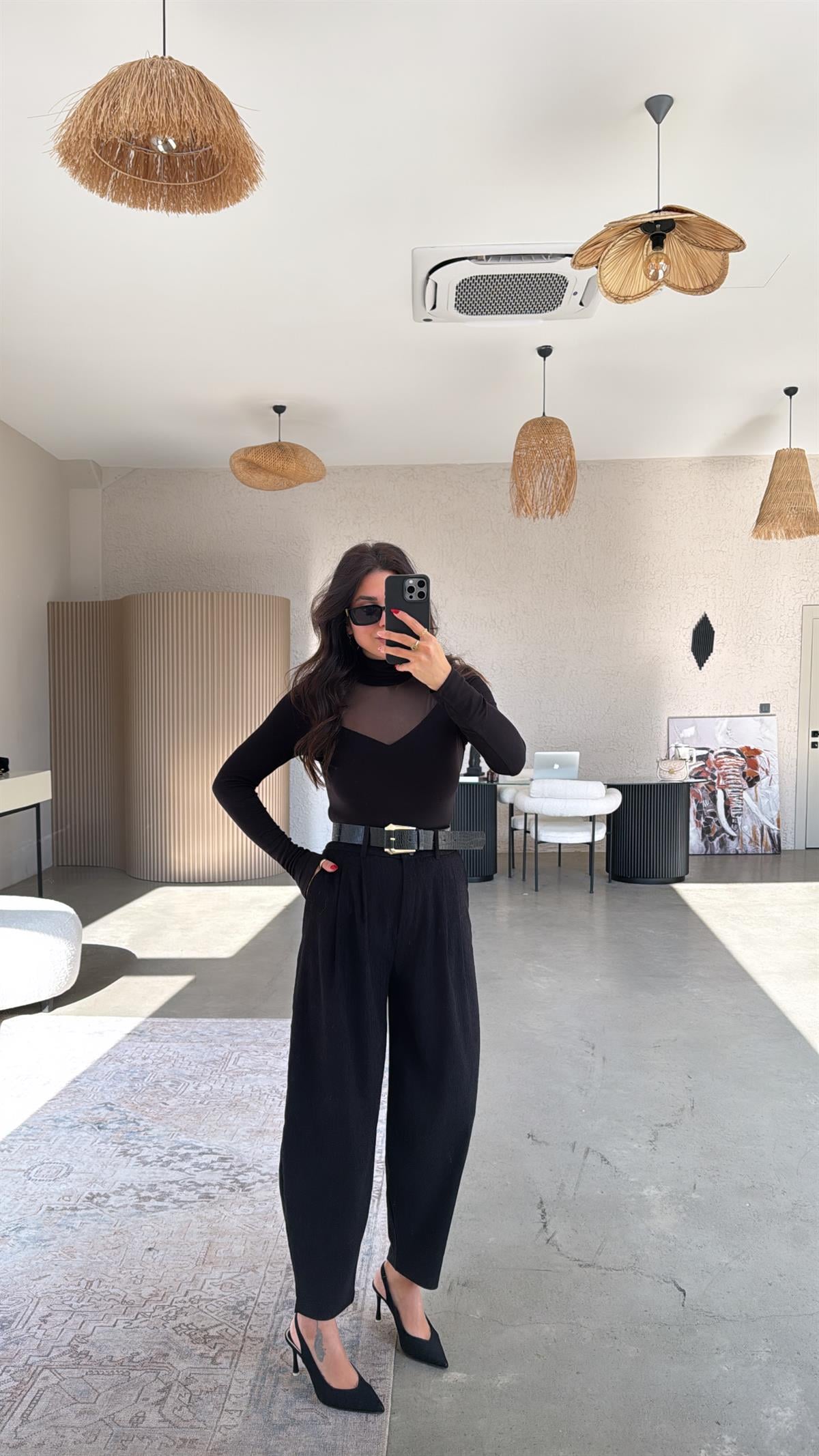 Siyah Kadife Kemerli Havuç Pantolon