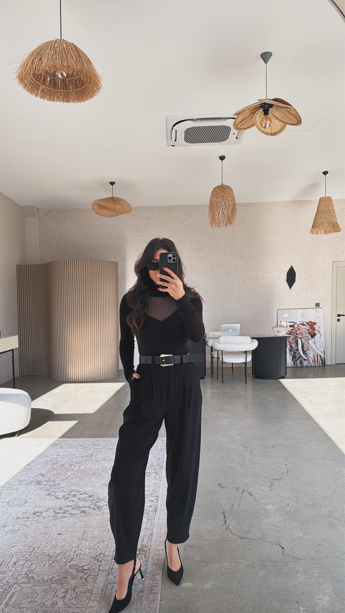 Siyah Kadife Kemerli Havuç Pantolon