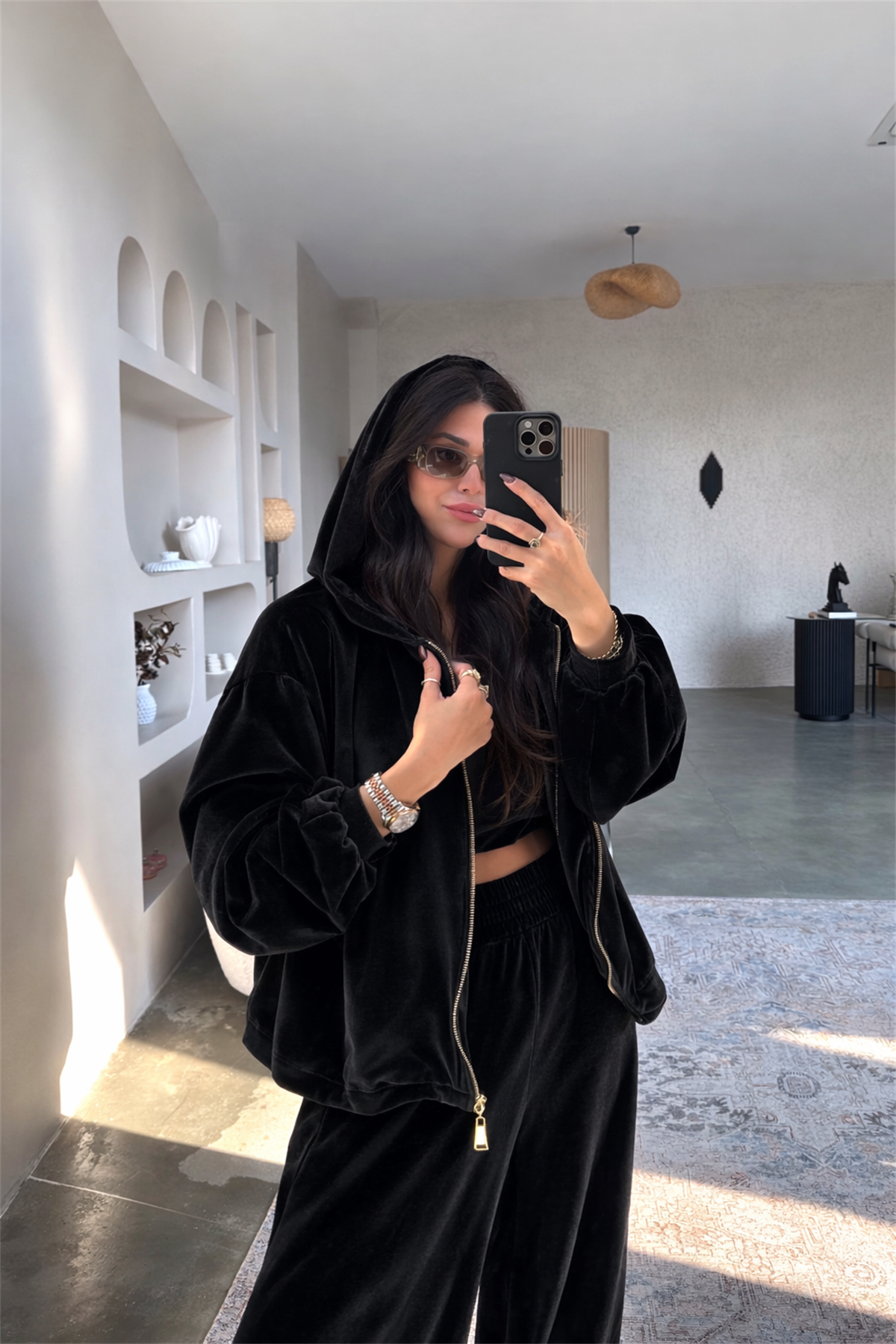 Siyah Kadife Üçlü Hoodie Atlet Pantolon Takım
