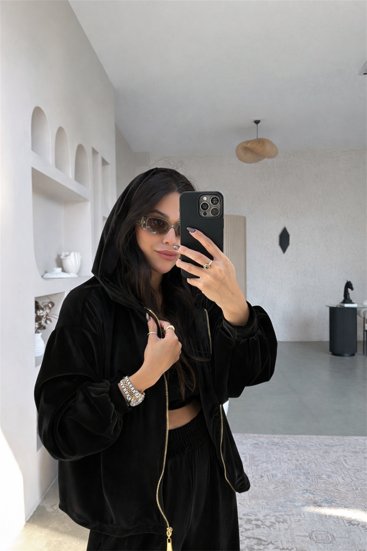 Siyah Kadife Üçlü Hoodie Atlet Pantolon Takım