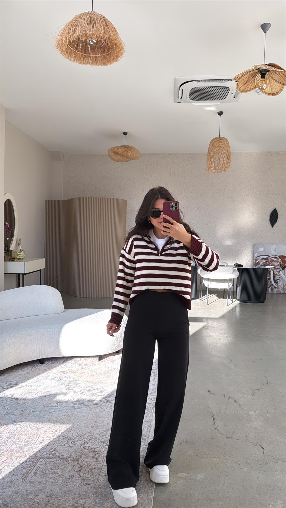 Siyah Kalın Kemerli Palazzo Kumaş Pantolon