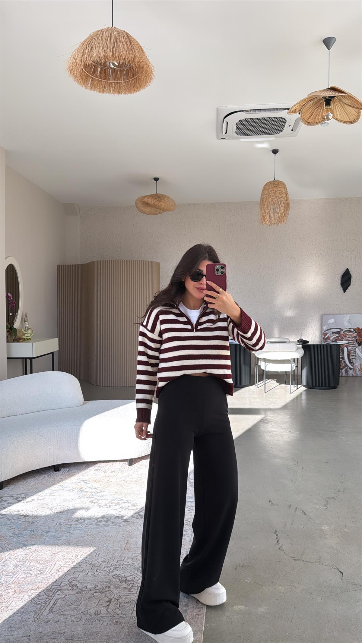 Siyah Kalın Kemerli Palazzo Kumaş Pantolon