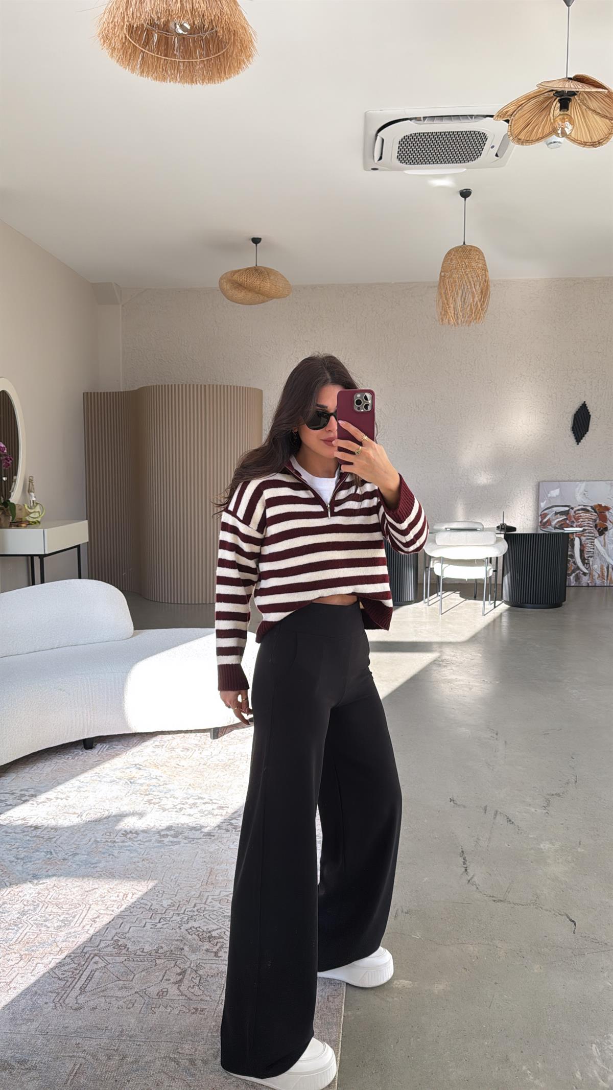 Siyah Kalın Kemerli Palazzo Kumaş Pantolon