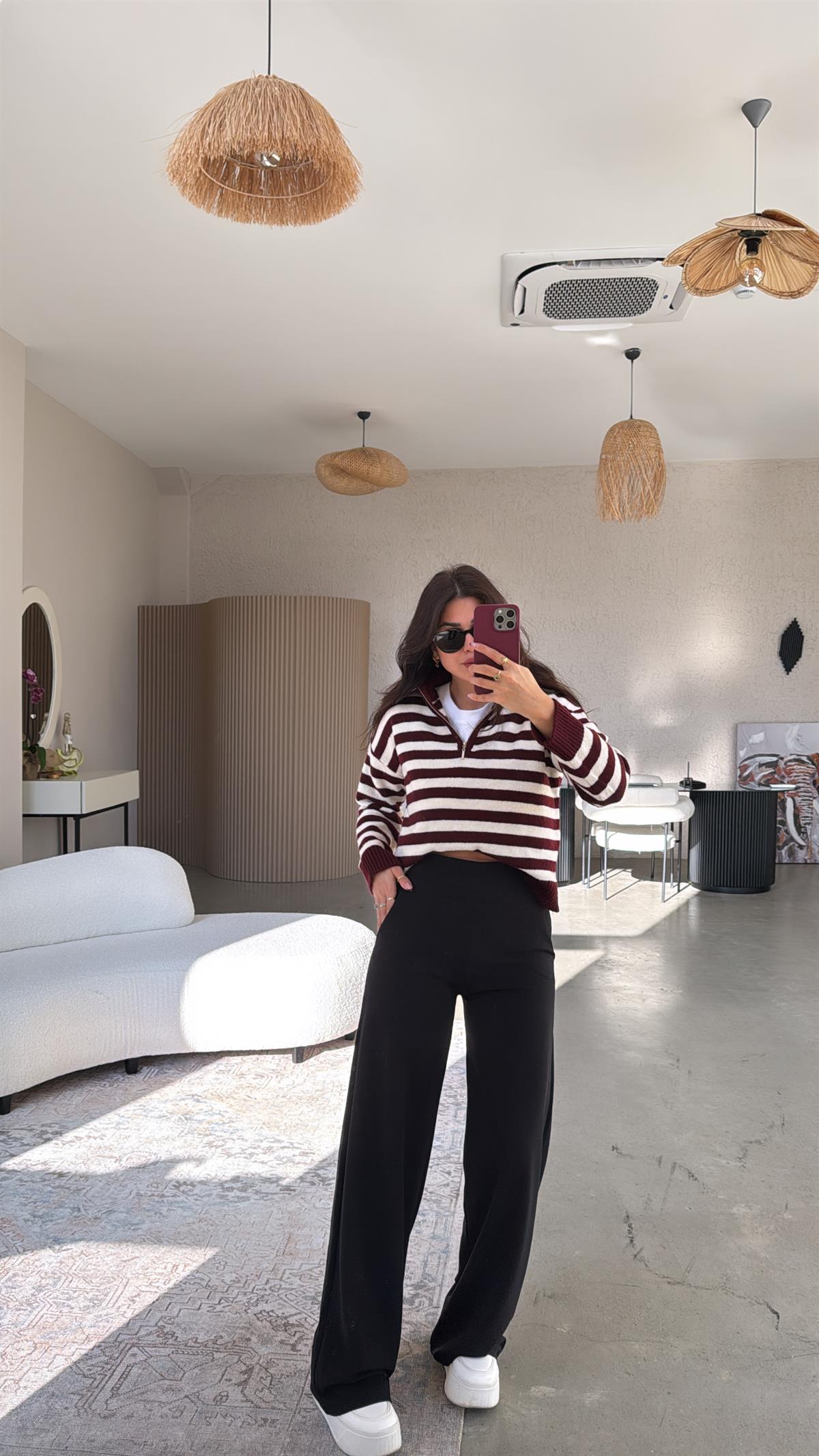 Siyah Kalın Kemerli Palazzo Kumaş Pantolon