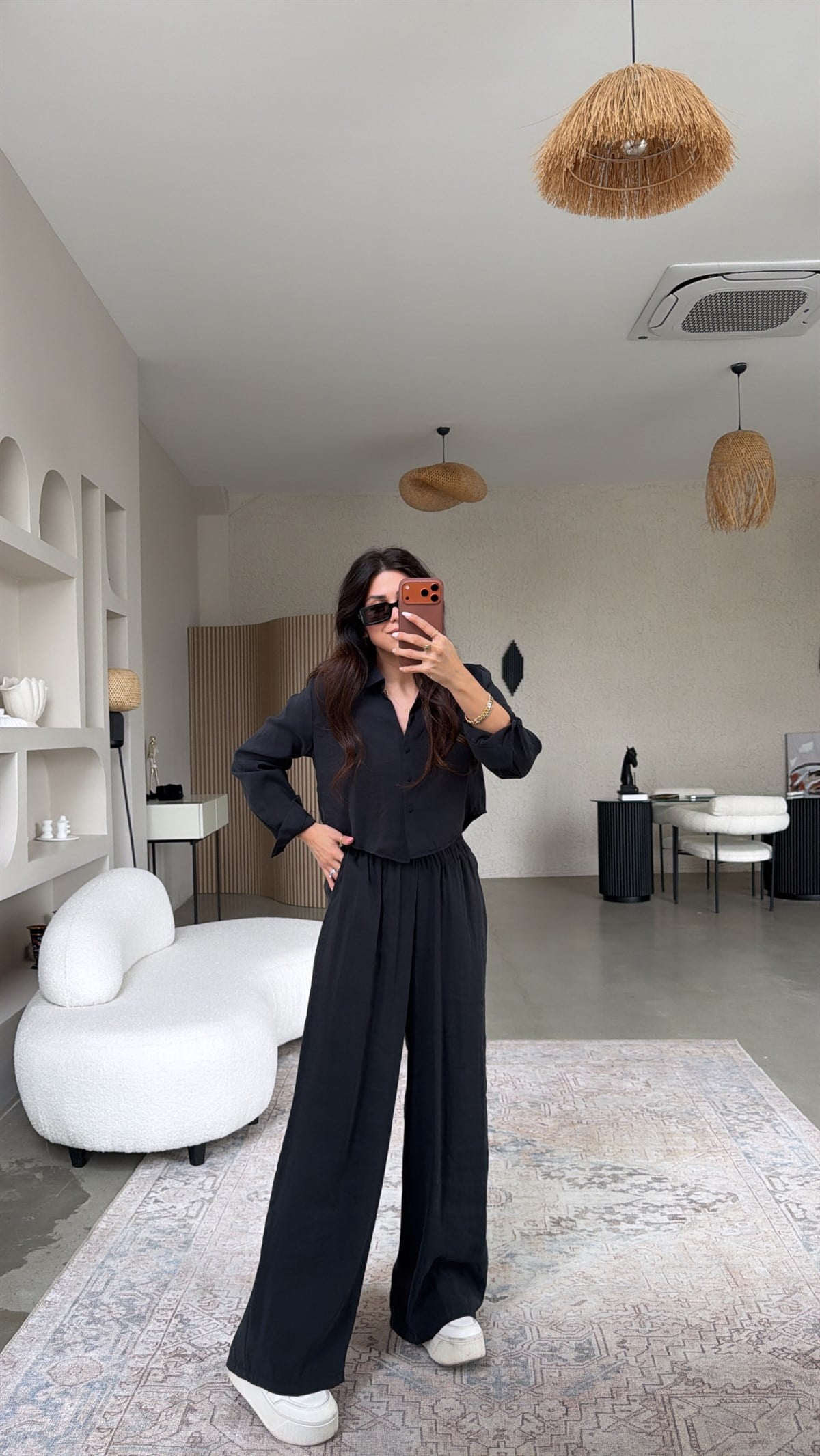 Siyah Kaplama Düğmeli Crop Gömlekli Tensel Alt Üst Takım