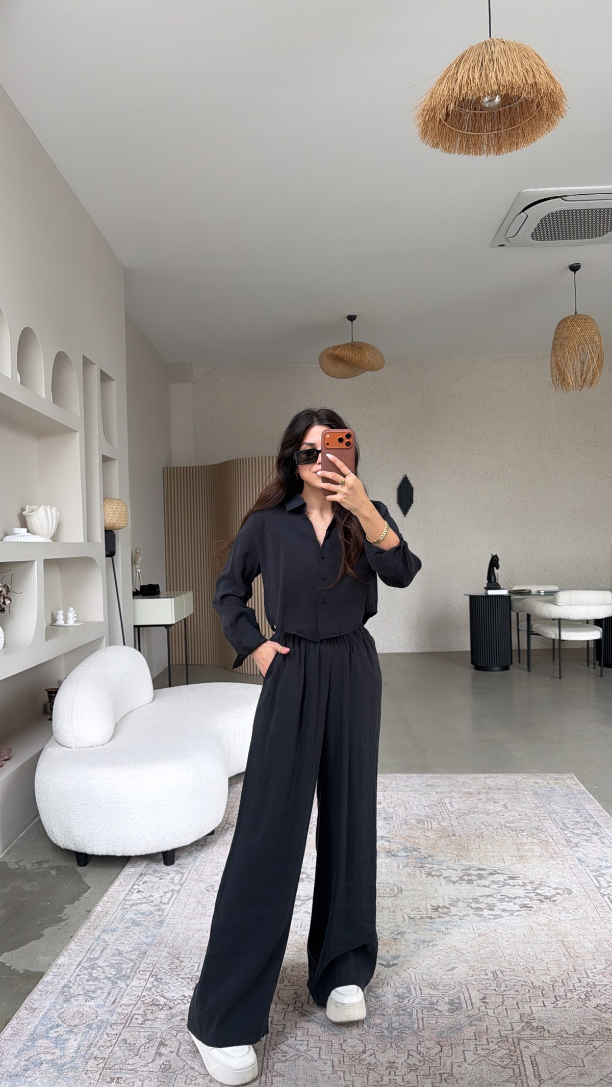 Siyah Kaplama Düğmeli Crop Gömlekli Tensel Alt Üst Takım