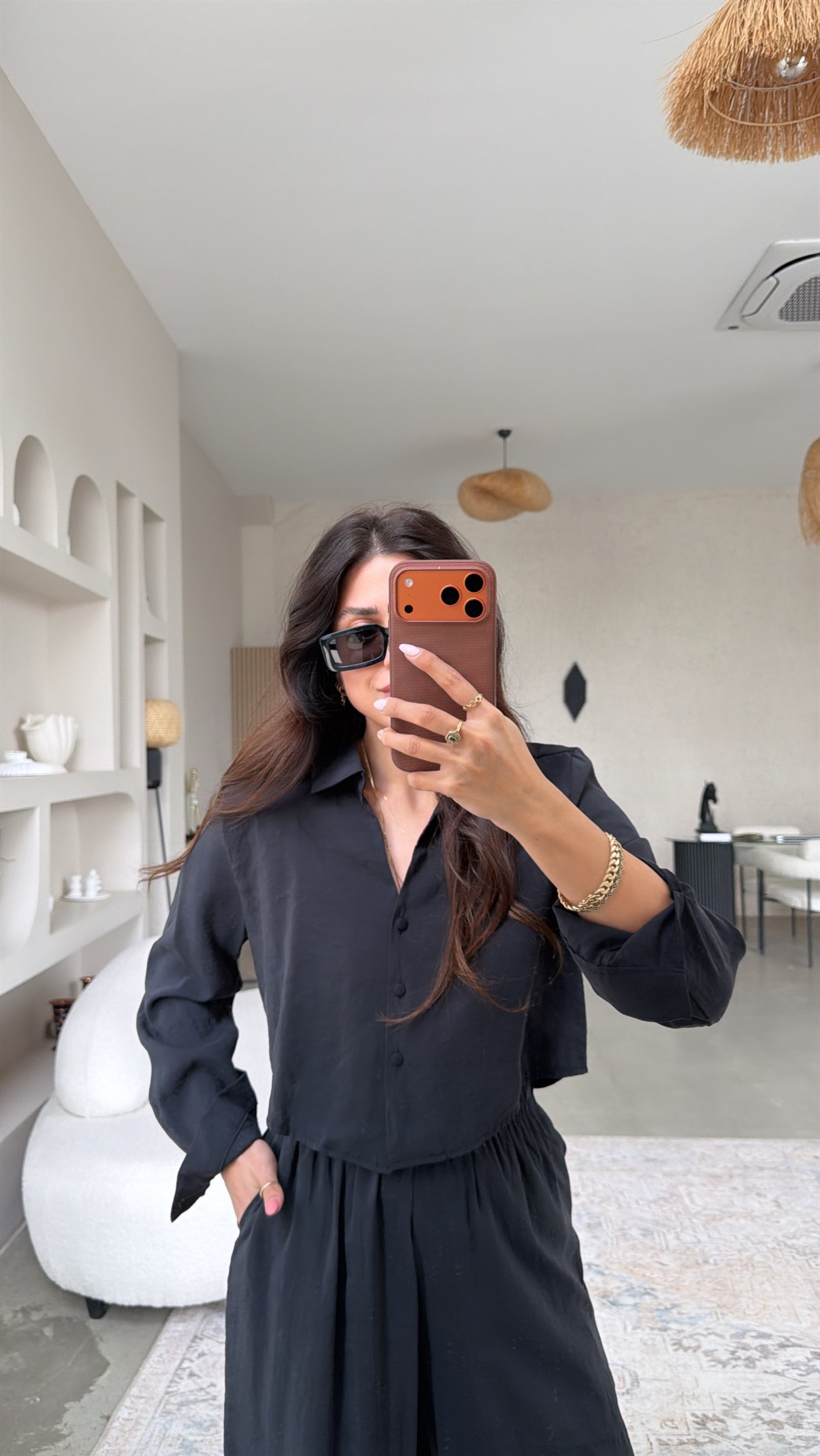 Siyah Kaplama Düğmeli Crop Gömlekli Tensel Alt Üst Takım