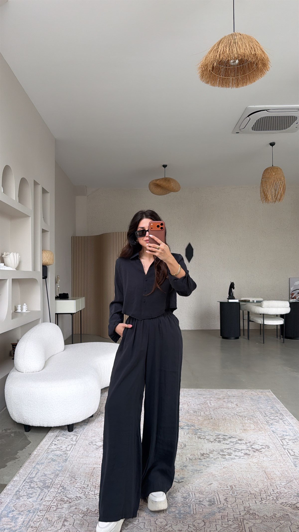 Siyah Kaplama Düğmeli Crop Gömlekli Tensel Alt Üst Takım