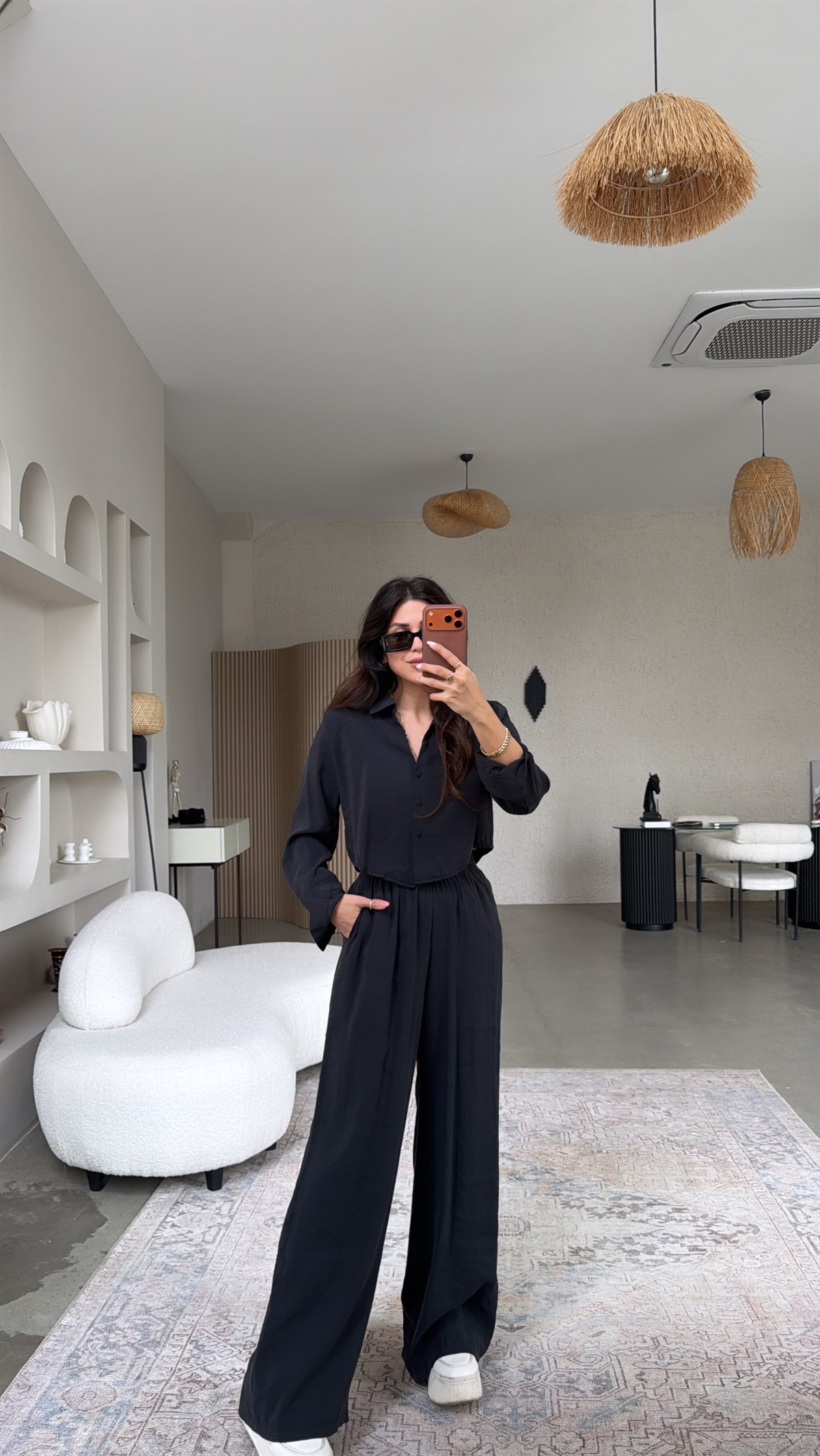 Siyah Kaplama Düğmeli Crop Gömlekli Tensel Alt Üst Takım