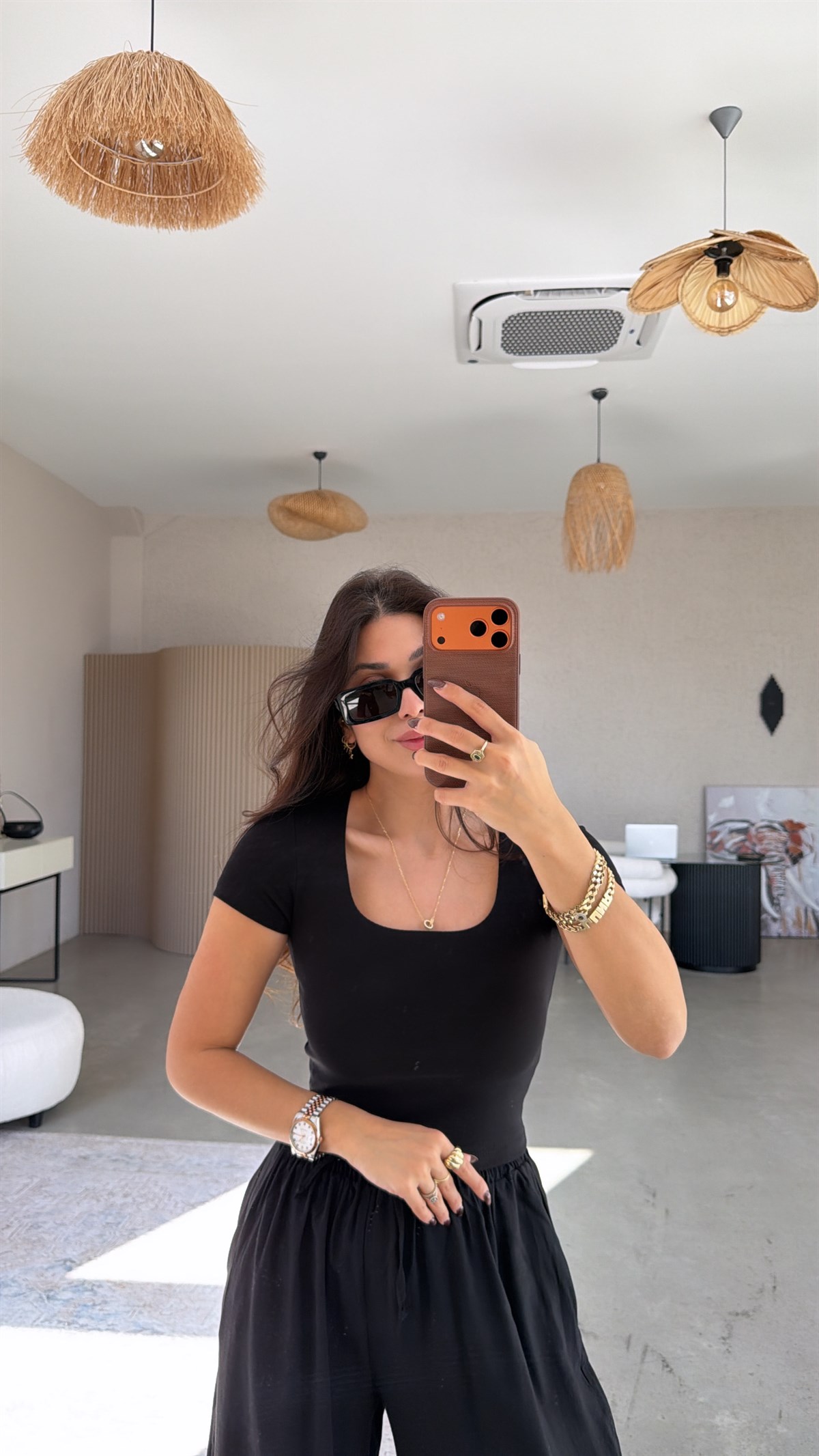 Siyah Kare Yaka Basic Pamuklu Crop Tshirt