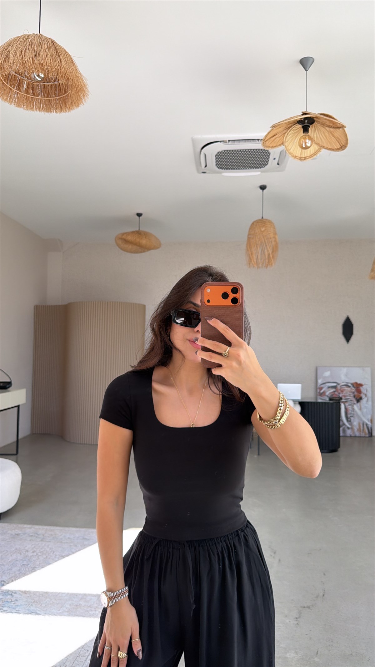 Siyah Kare Yaka Basic Pamuklu Crop Tshirt