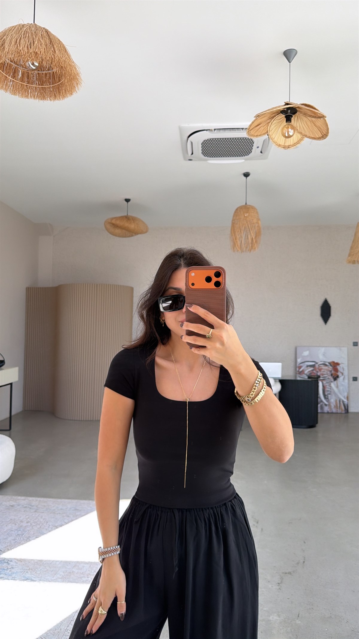 Siyah Kare Yaka Basic Pamuklu Crop Tshirt