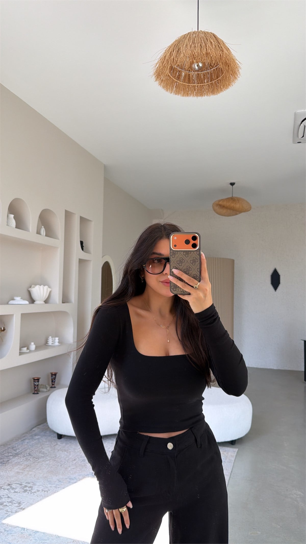 Siyah Kare Yaka Crop Pamuklu Uzun Kollu Basic