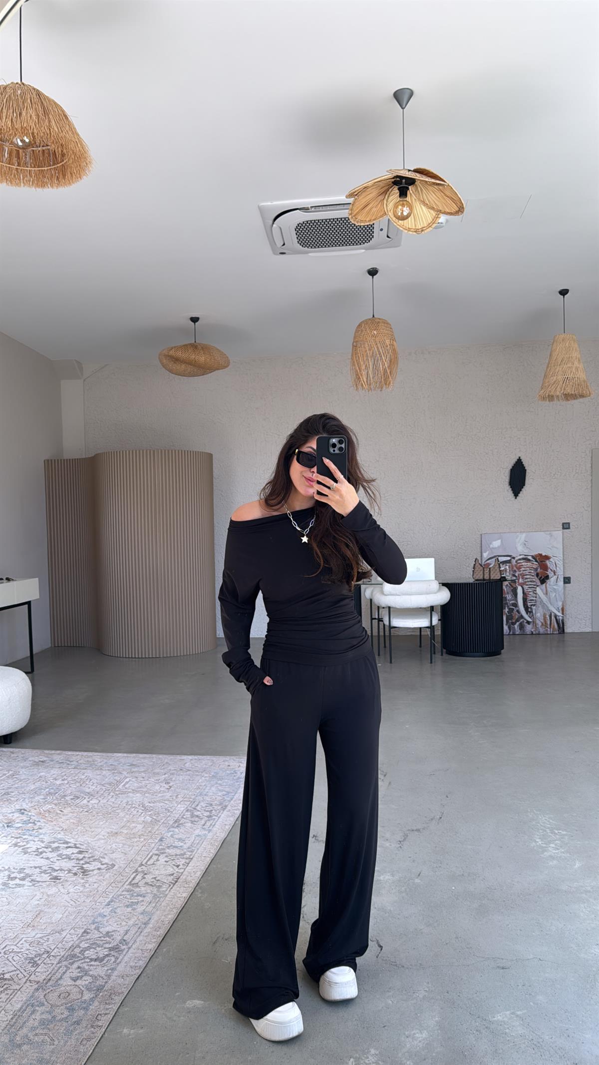 Siyah Kayık Yaka Modal Büzgülü Takım