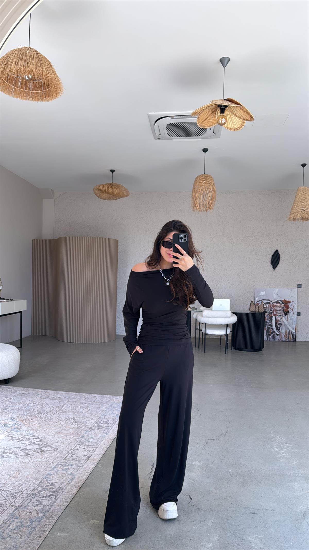 Siyah Kayık Yaka Modal Büzgülü Takım