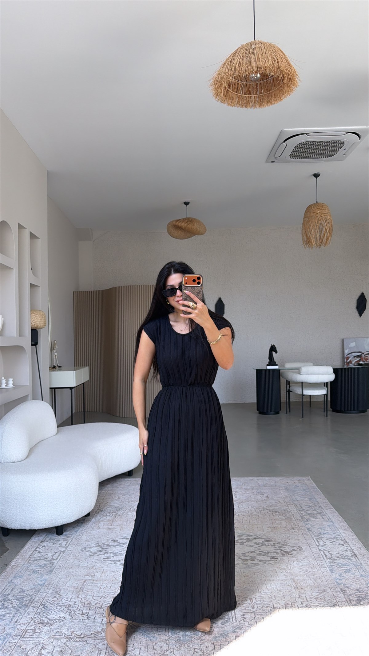 Siyah Kendinden Çizgi Dokulu Beli Lastikli Maxi Bürümcük Elbise