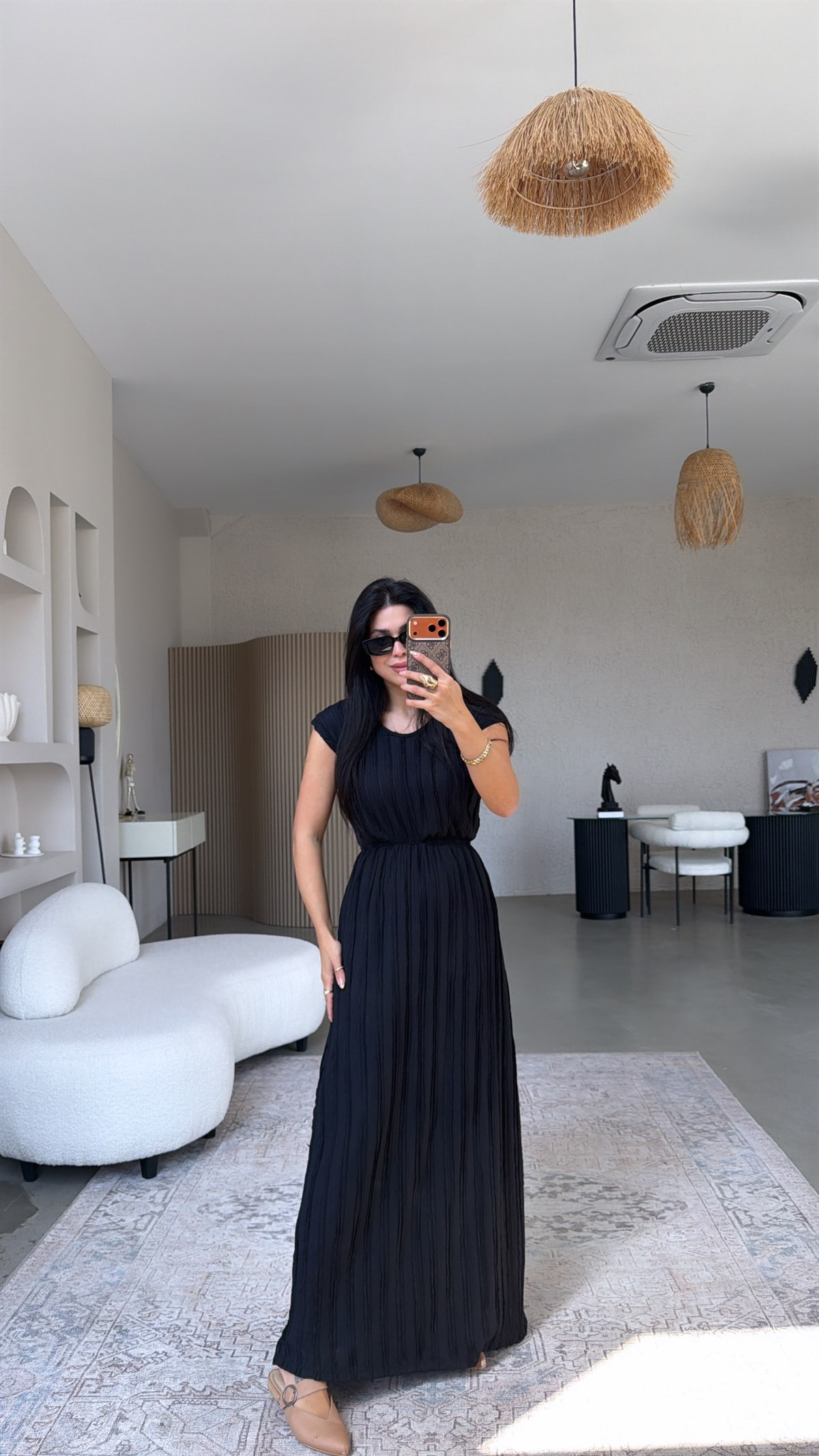 Siyah Kendinden Çizgi Dokulu Beli Lastikli Maxi Bürümcük Elbise