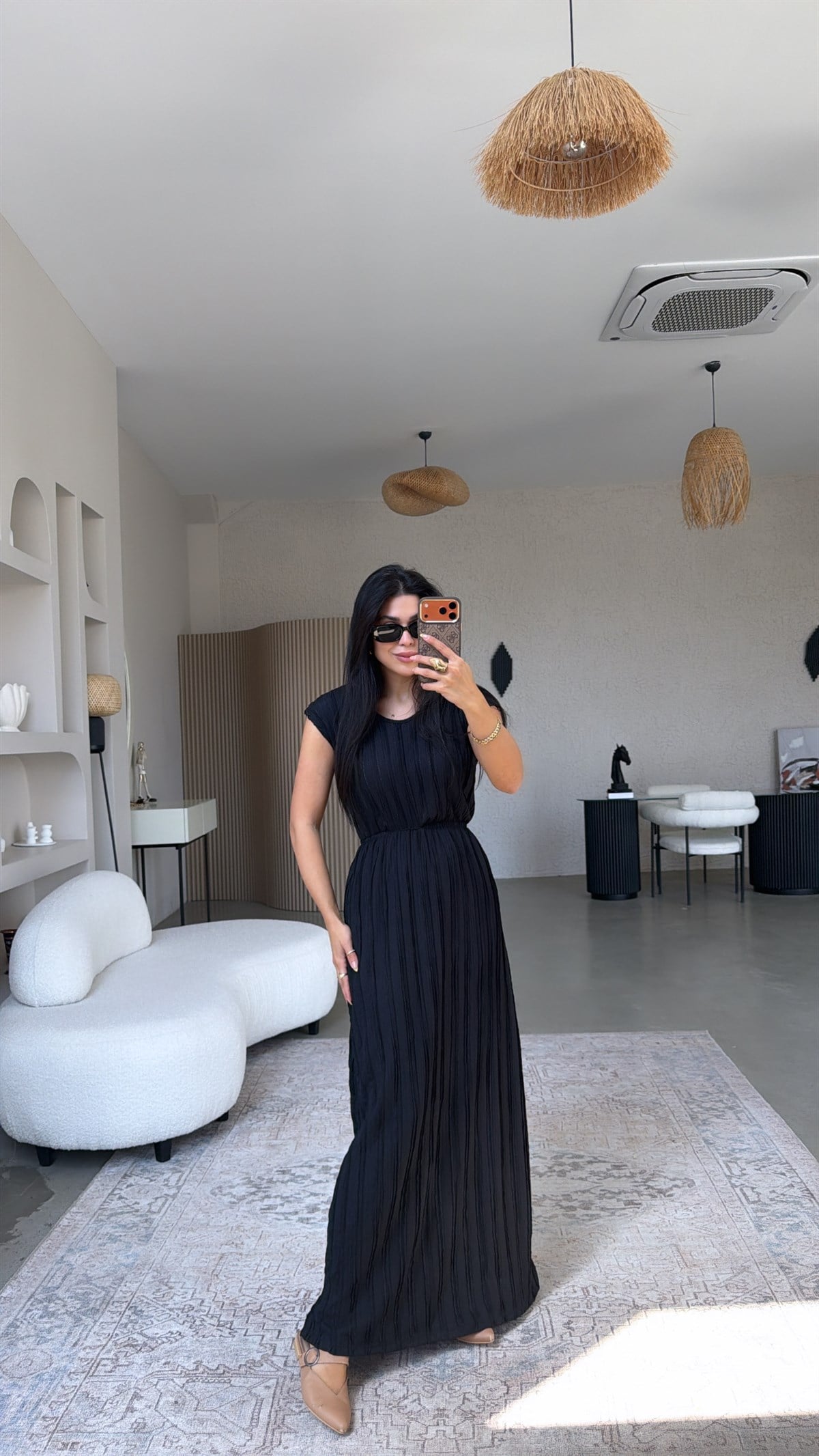 Siyah Kendinden Çizgi Dokulu Beli Lastikli Maxi Bürümcük Elbise