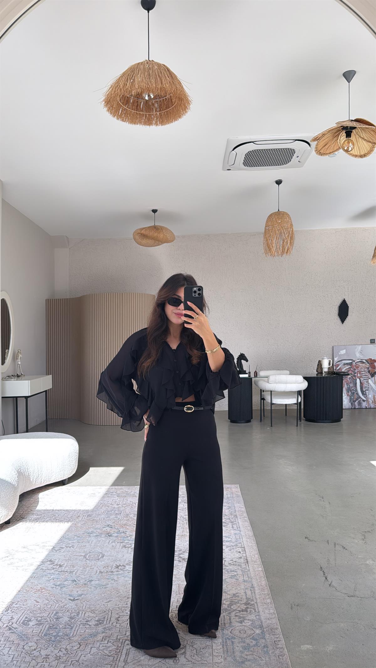 Siyah Kendinden Kemerli Premium Bol Paça Kumaş Pantolon