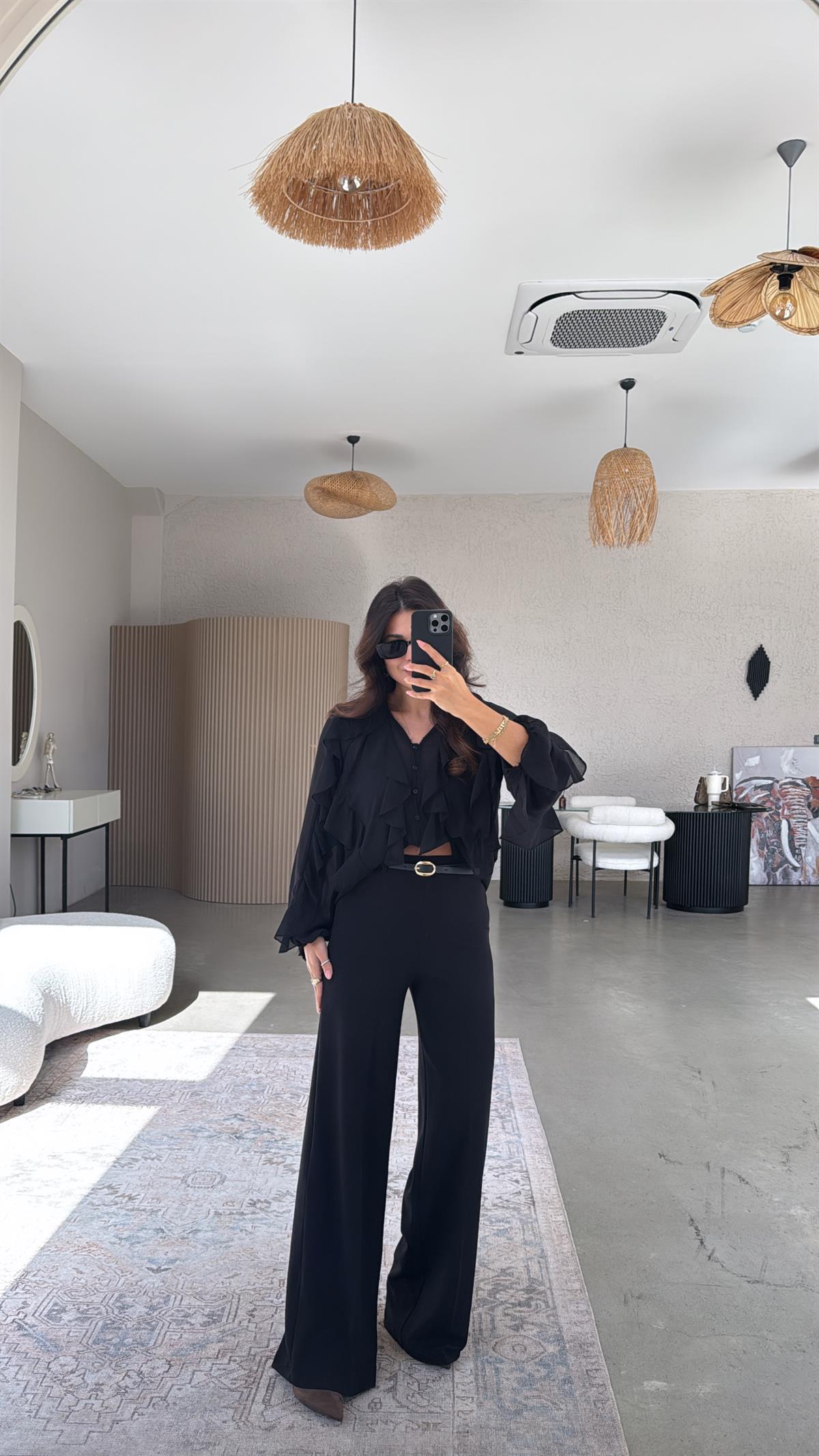 Siyah Kendinden Kemerli Premium Bol Paça Kumaş Pantolon