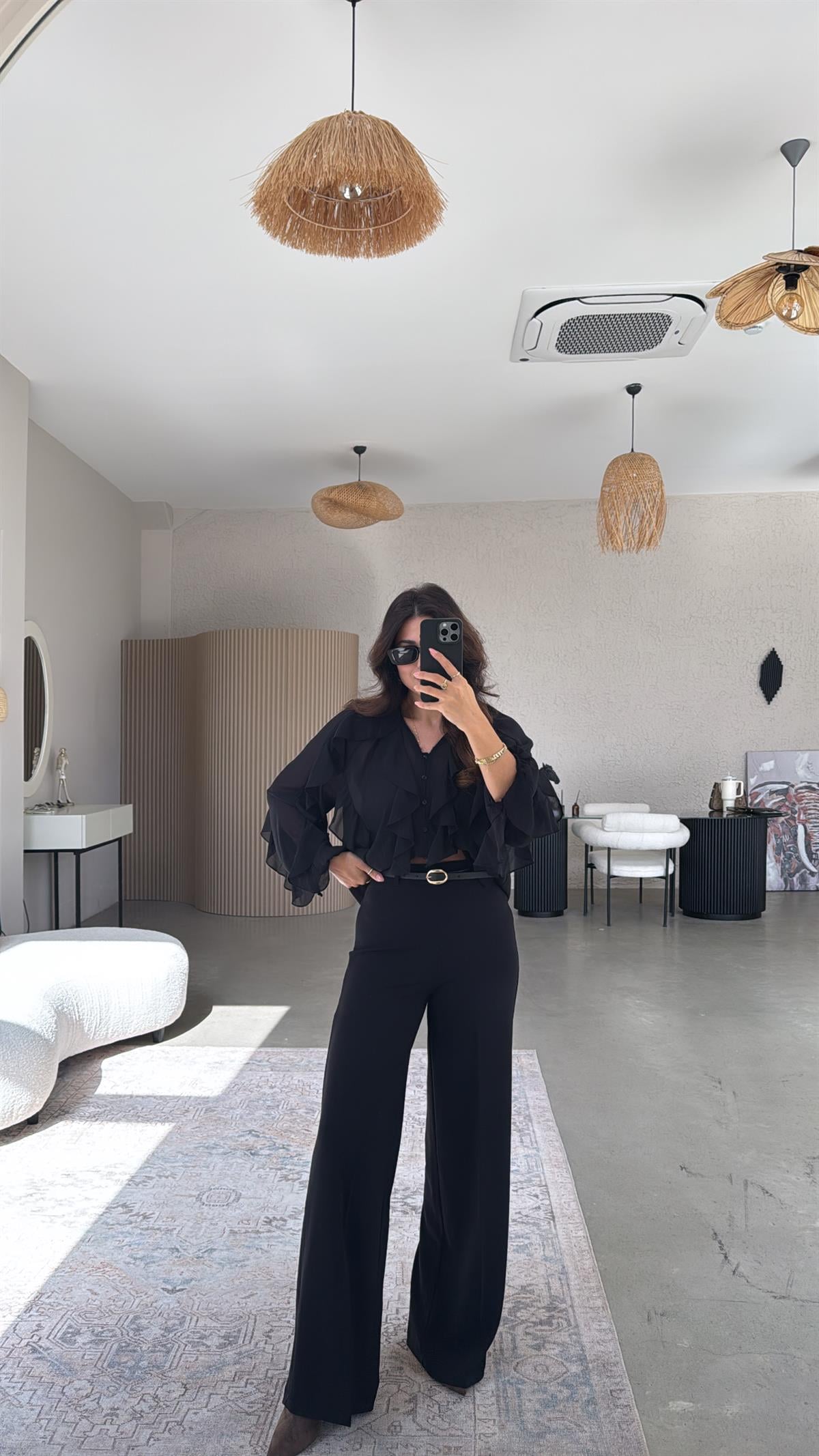 Siyah Kendinden Kemerli Premium Bol Paça Kumaş Pantolon