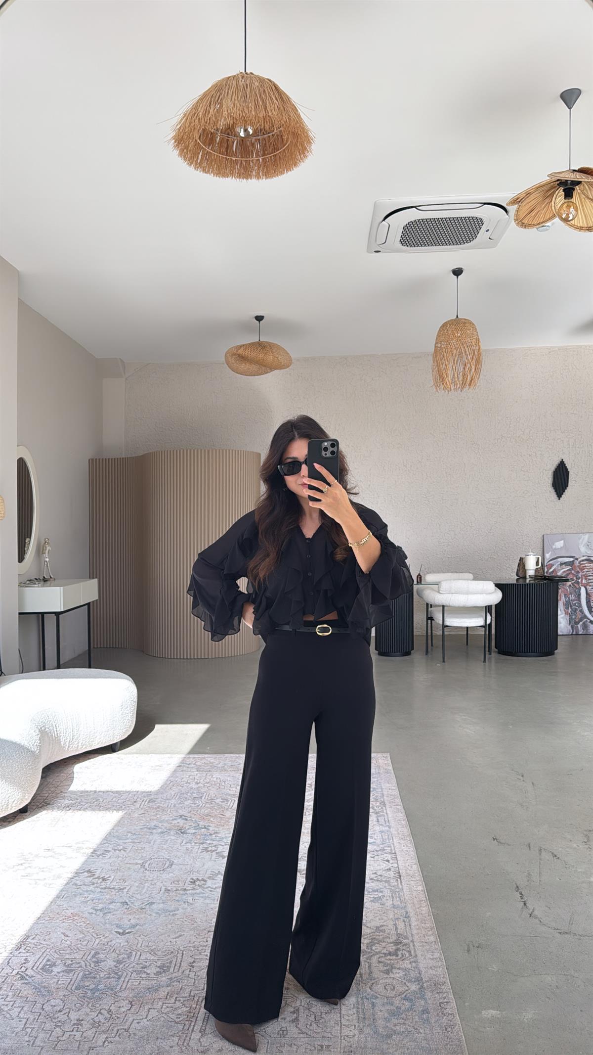 Siyah Kendinden Kemerli Premium Bol Paça Kumaş Pantolon