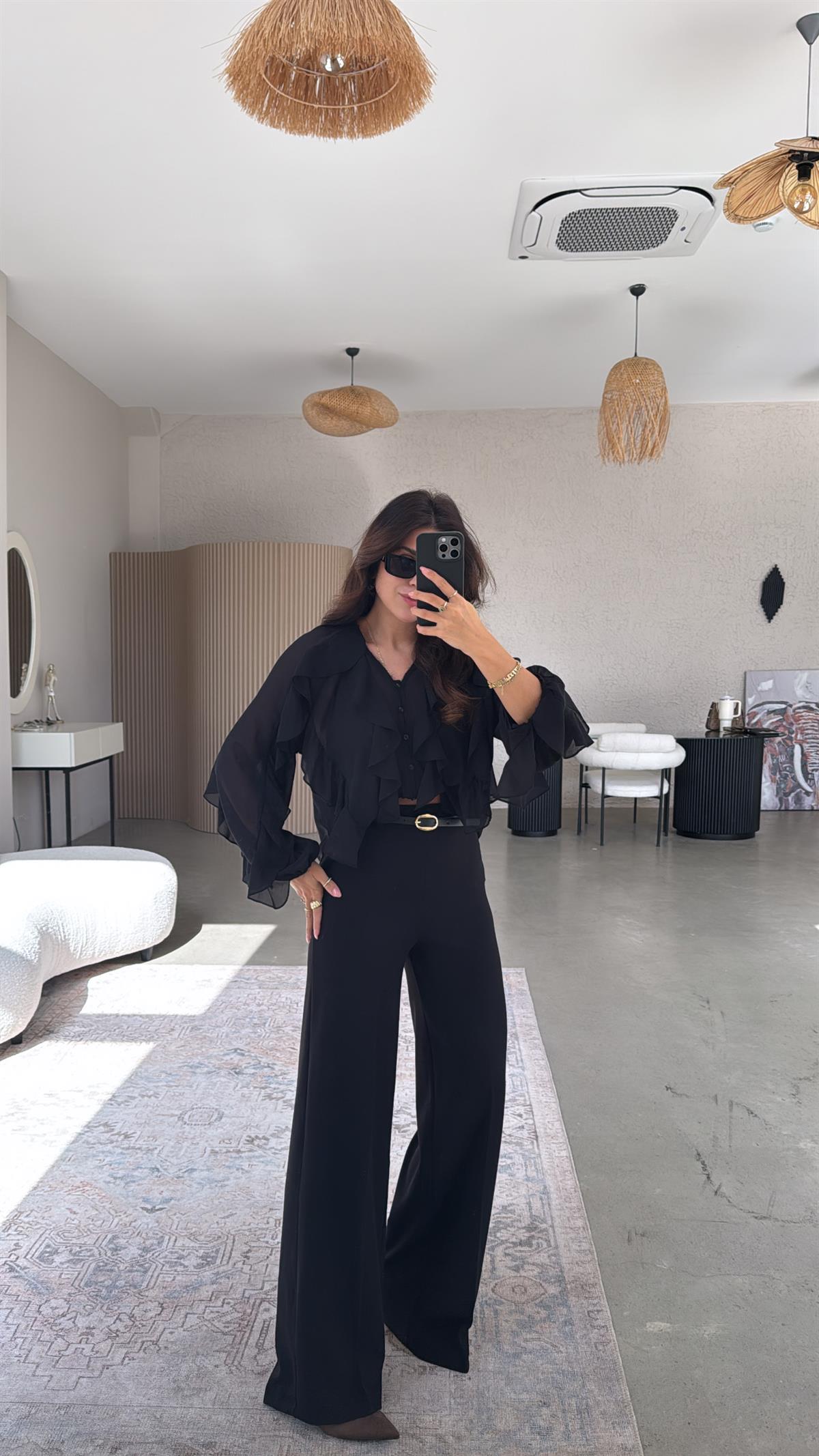 Siyah Kendinden Kemerli Premium Bol Paça Kumaş Pantolon