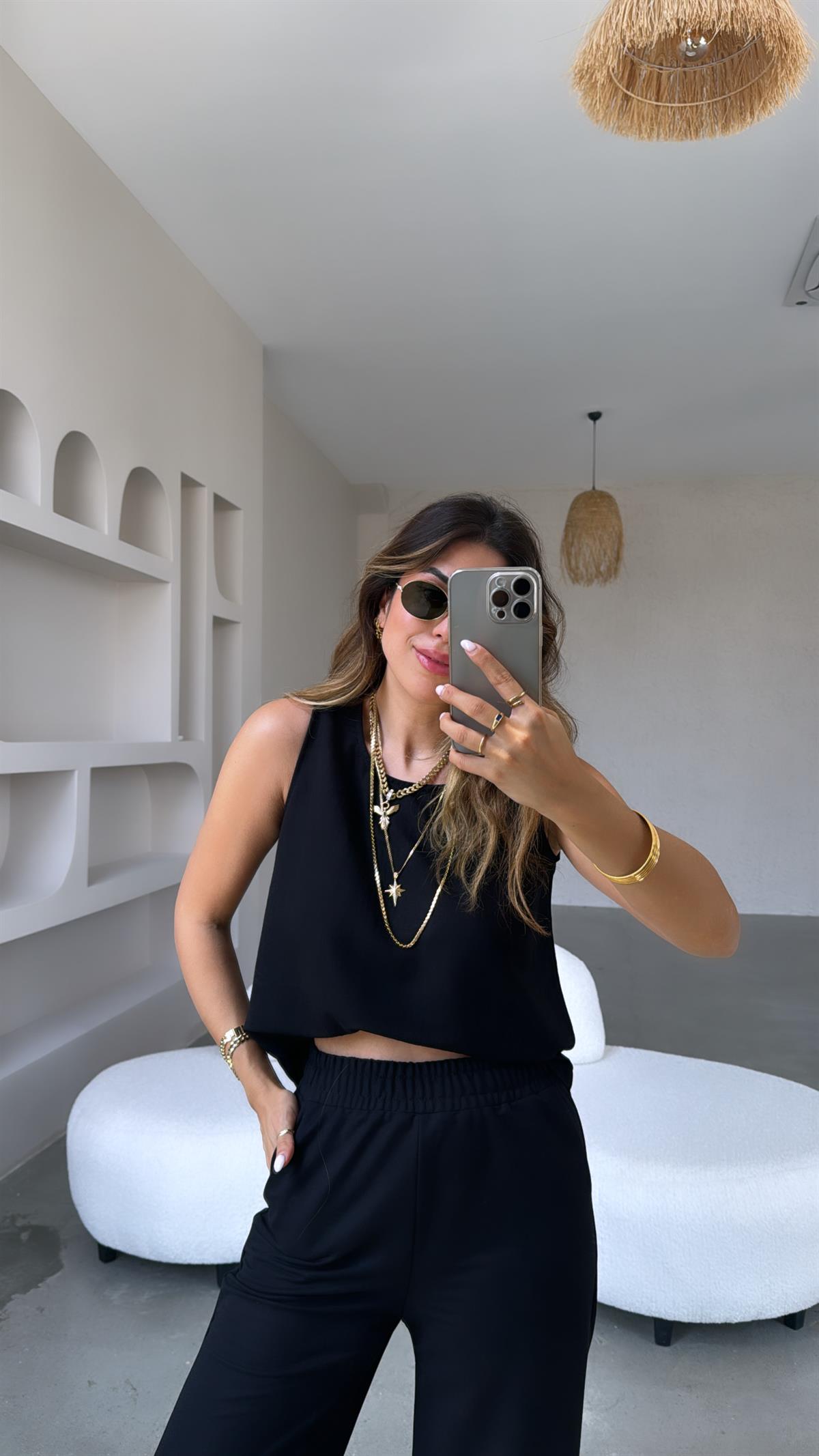 Siyah Keten Bol Paça Takım