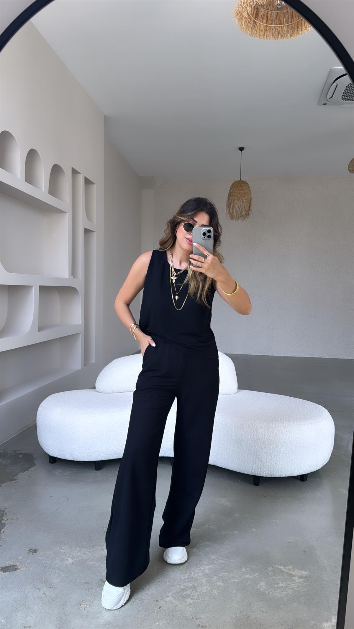 Siyah Keten Bol Paça Takım