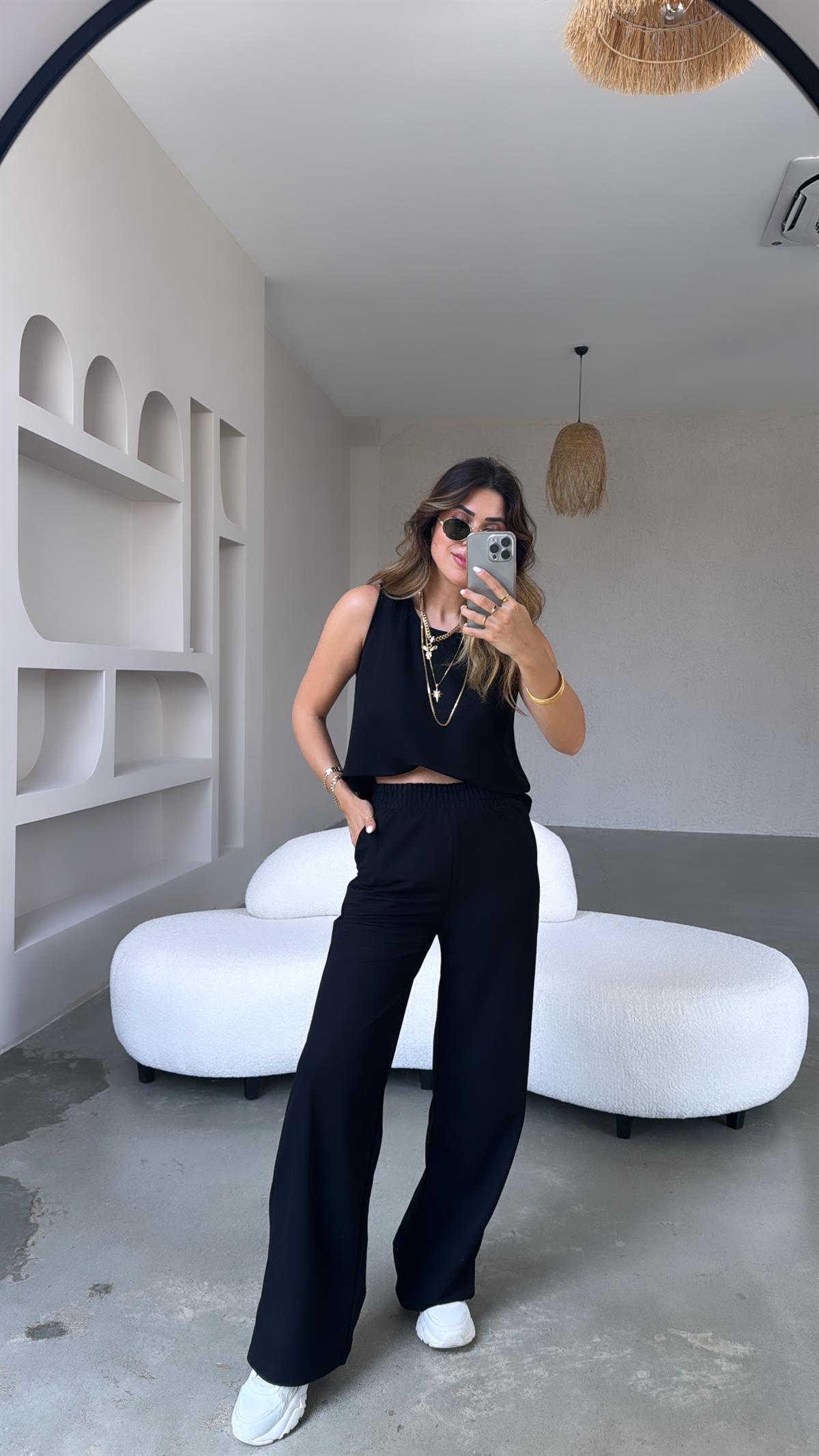 Siyah Keten Bol Paça Takım