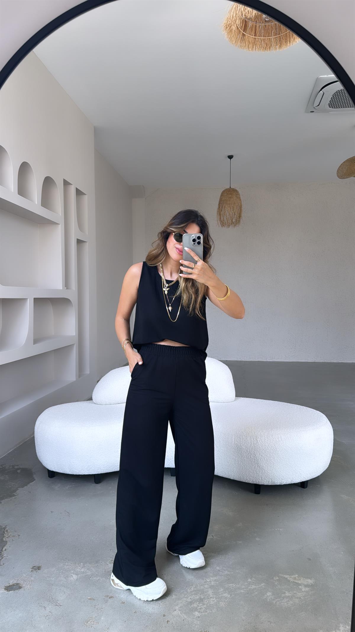 Siyah Keten Bol Paça Takım