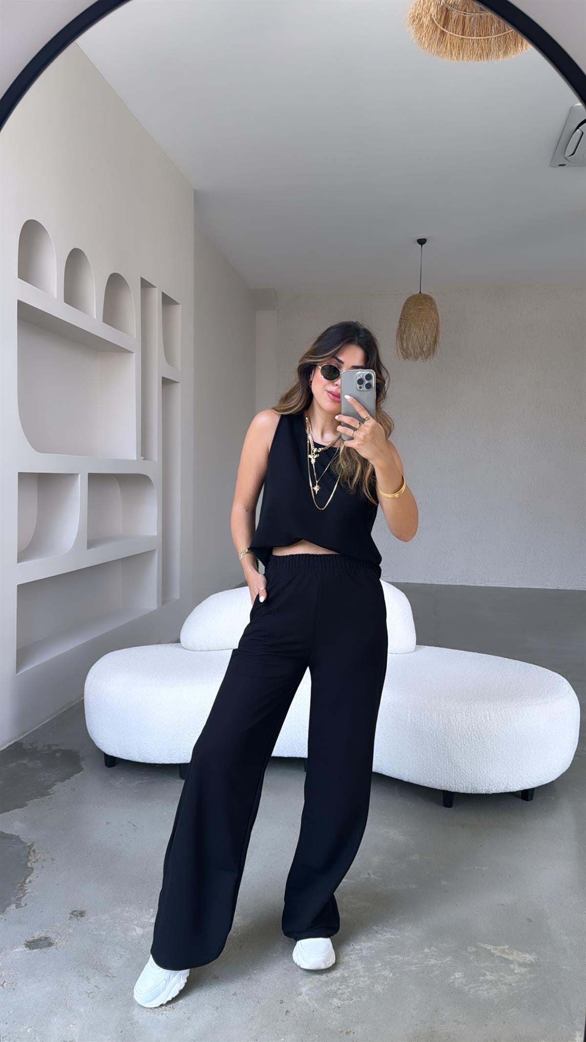 Siyah Keten Bol Paça Takım