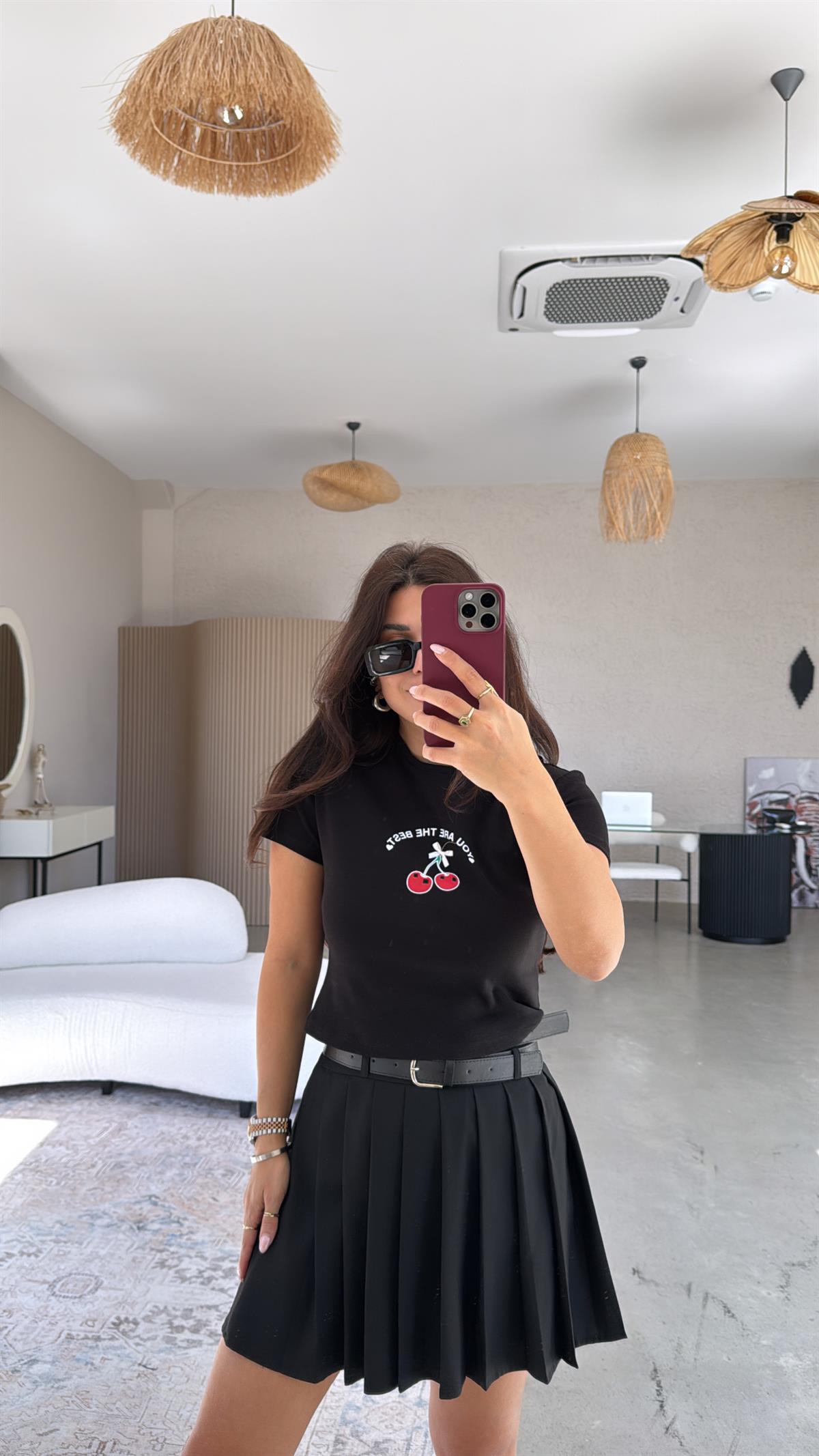 Siyah Kirazlı Pamuk Crop Tshirt