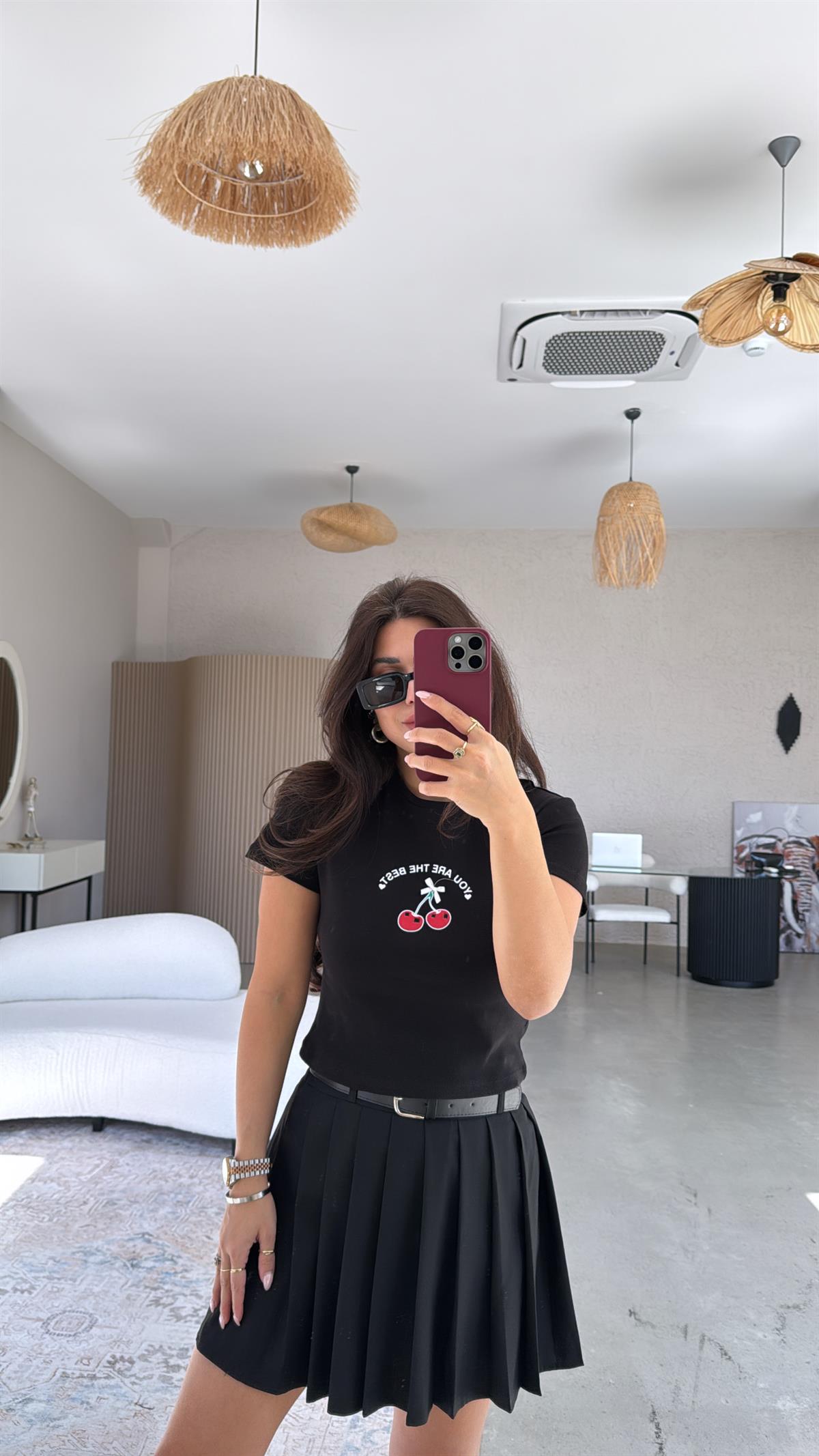 Siyah Kirazlı Pamuk Crop Tshirt