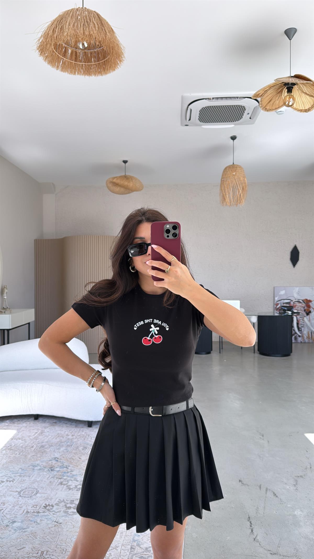 Siyah Kirazlı Pamuk Crop Tshirt