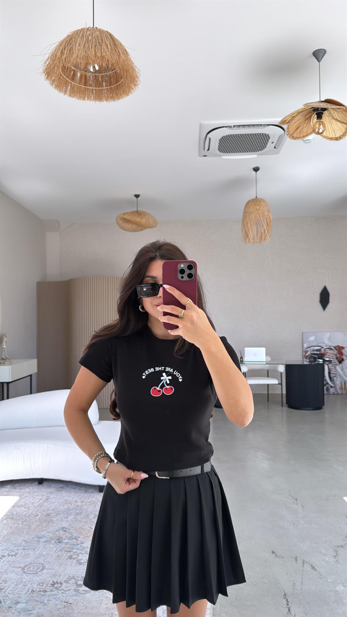 Siyah Kirazlı Pamuk Crop Tshirt