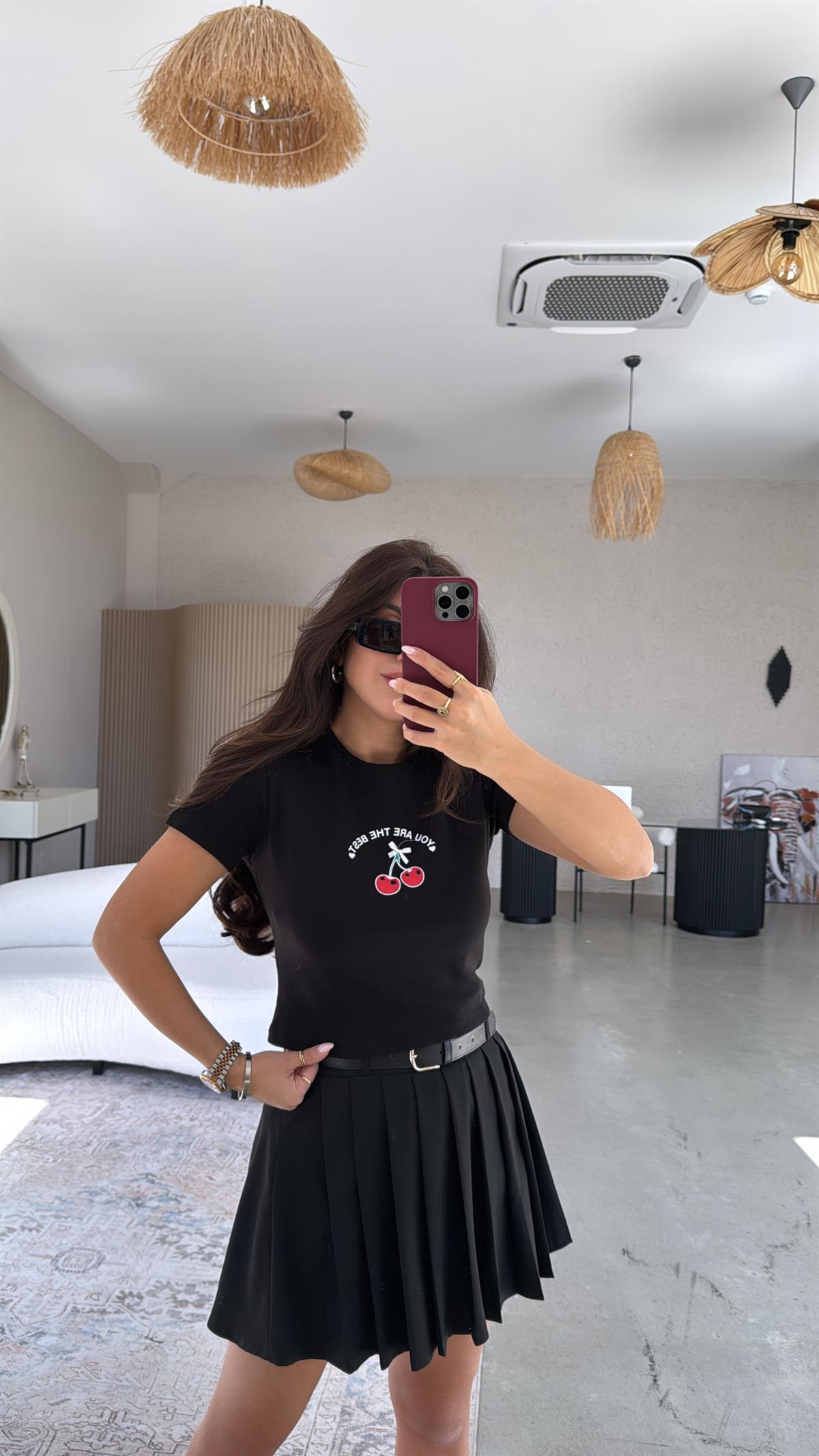 Siyah Kirazlı Pamuk Crop Tshirt