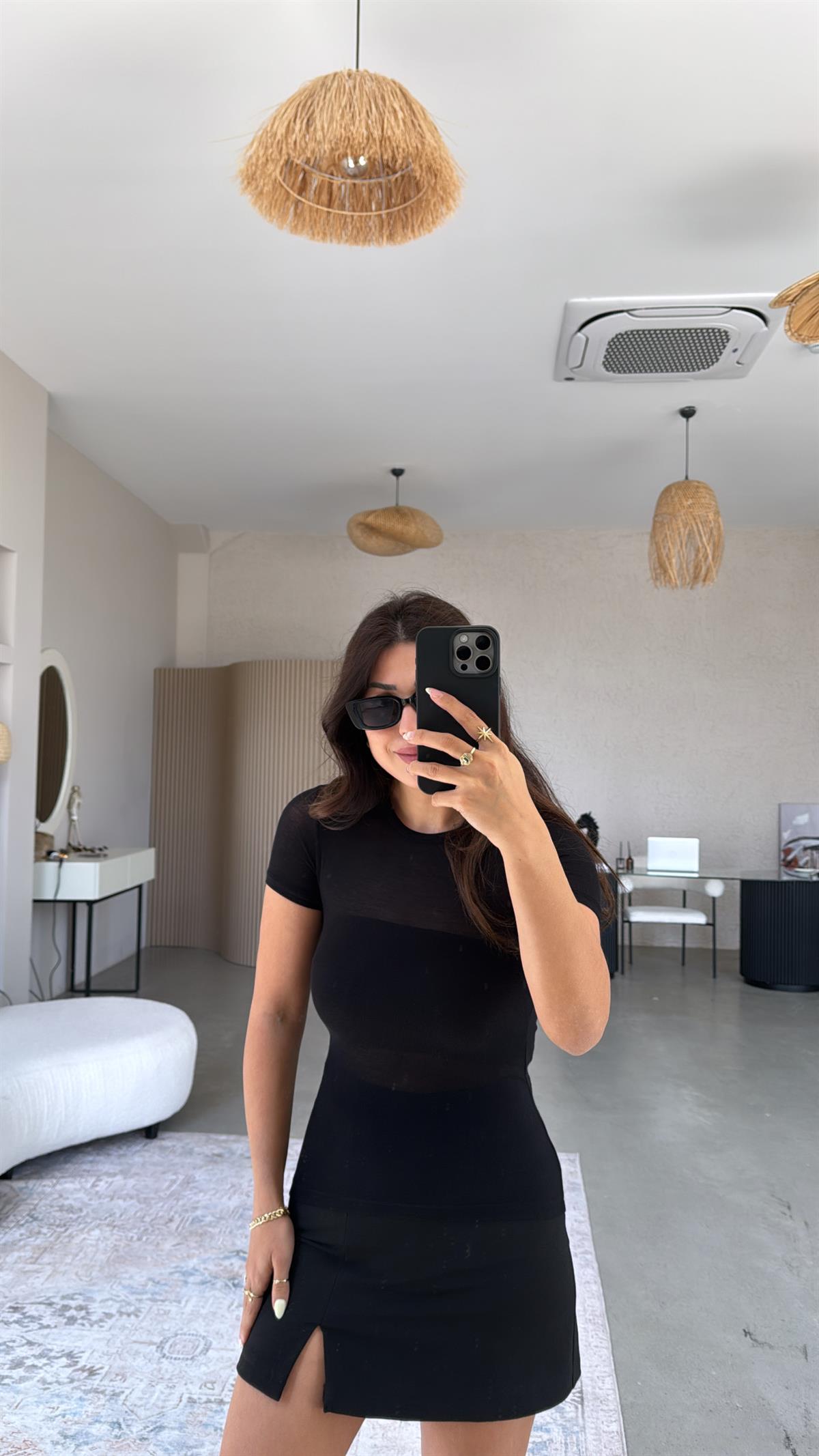 Siyah Kısa Kol Oys Transparan Bluz