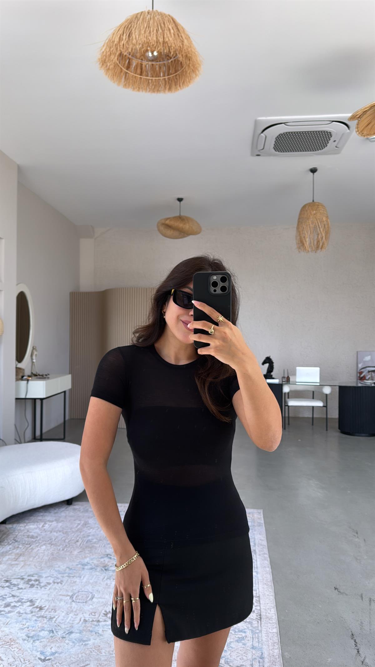 Siyah Kısa Kol Oys Transparan Bluz