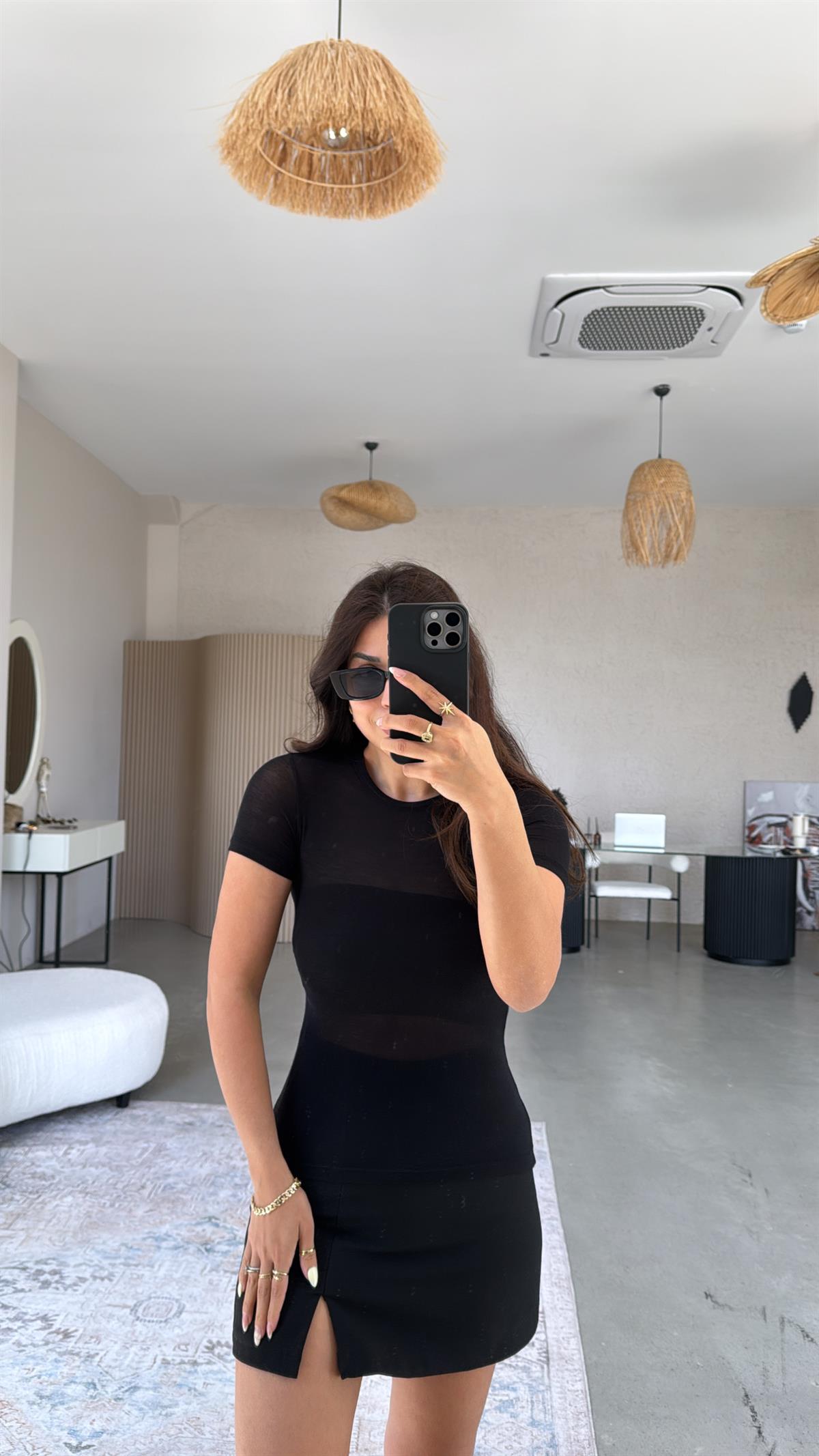 Siyah Kısa Kol Oys Transparan Bluz