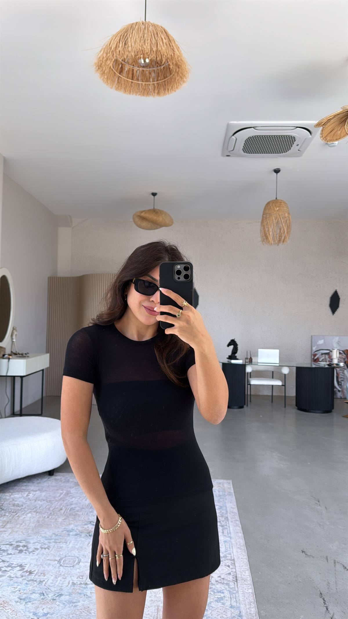 Siyah Kısa Kol Oys Transparan Bluz