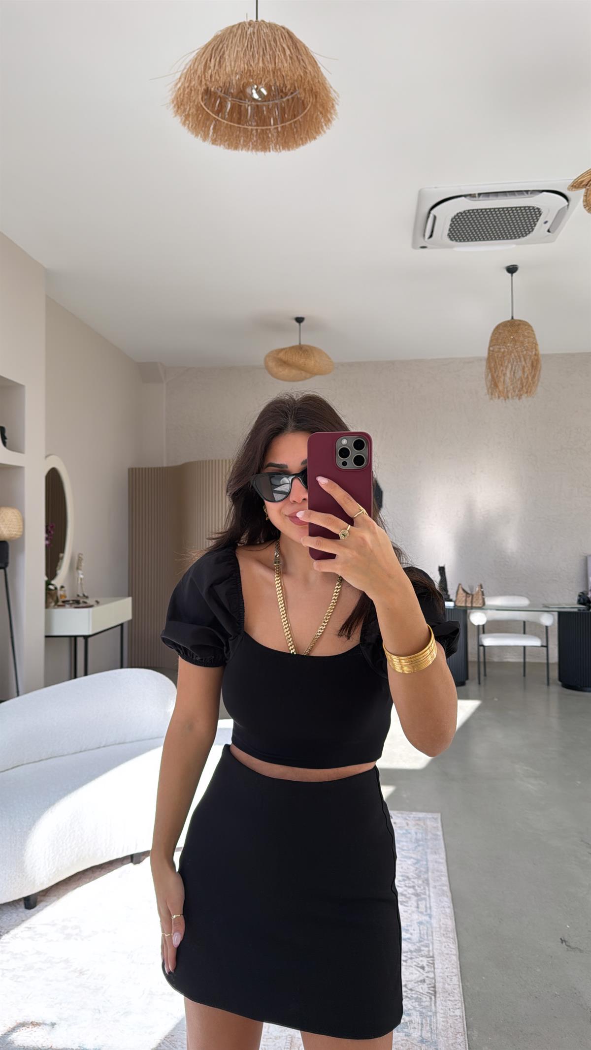 Siyah Kolları Balon Poplin Detaylı Bluz