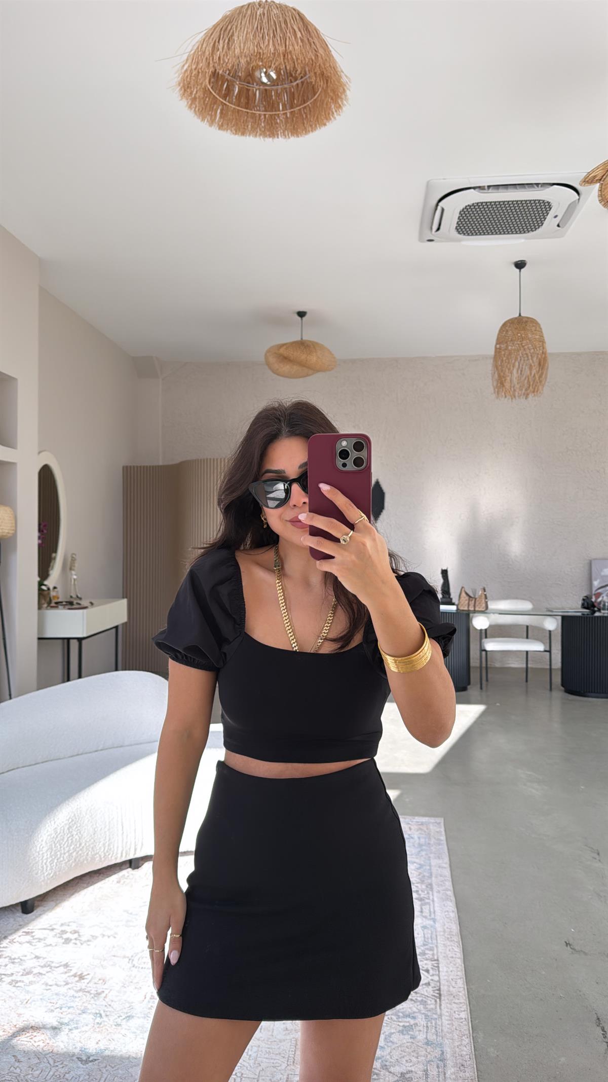 Siyah Kolları Balon Poplin Detaylı Bluz