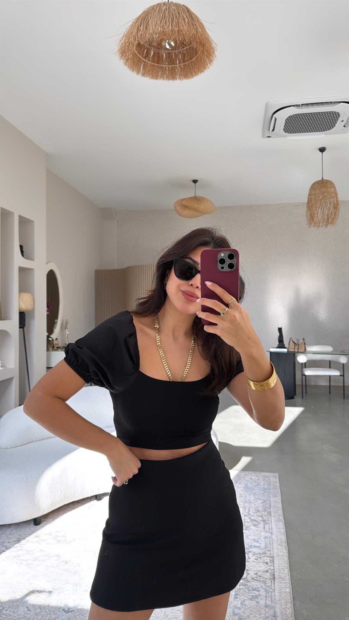 Siyah Kolları Balon Poplin Detaylı Bluz