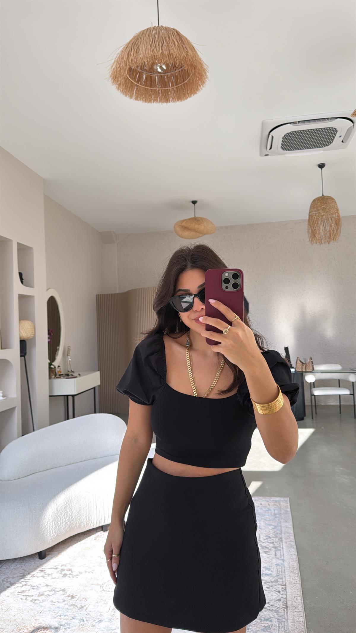 Siyah Kolları Balon Poplin Detaylı Bluz